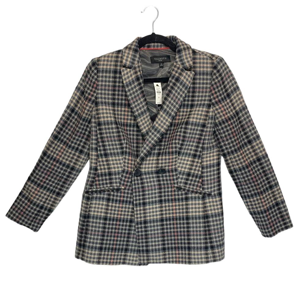 Talbots Double Breasted Bradwell Plaid Blazer NWT Women's Sz 2P Beige Gray